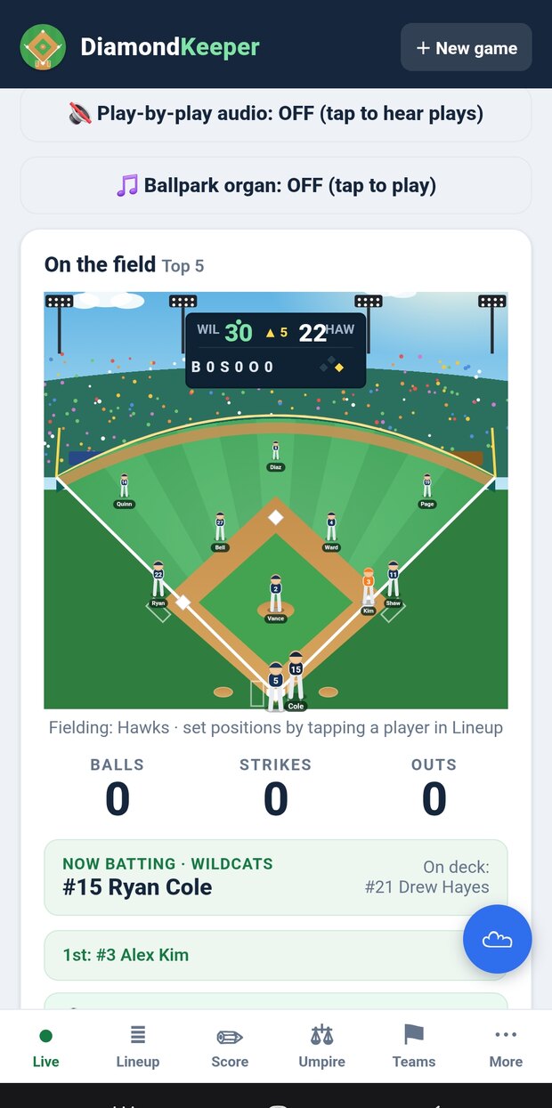 DiamondKeeper live game view — a stadium field with every fielder shown by name and number, an on-field scoreboard, and live play-by-play