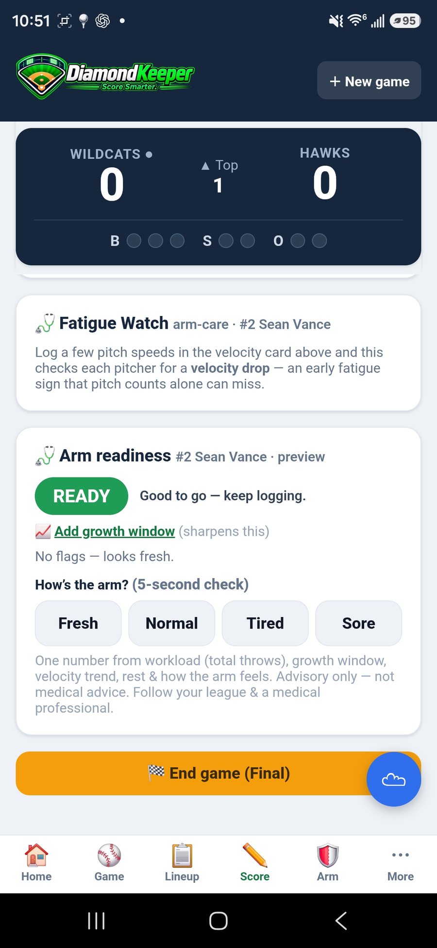 DiamondKeeper arm readiness and Fatigue Watch — workload, velocity trend and a quick arm check