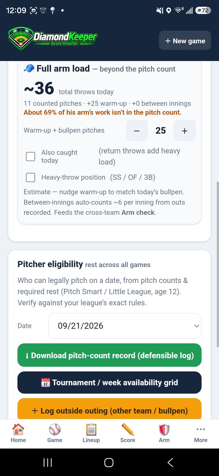 DiamondKeeper full arm load — counts warm-ups and heavy throws beyond the pitch count, with pitcher eligibility and a downloadable pitch-count record