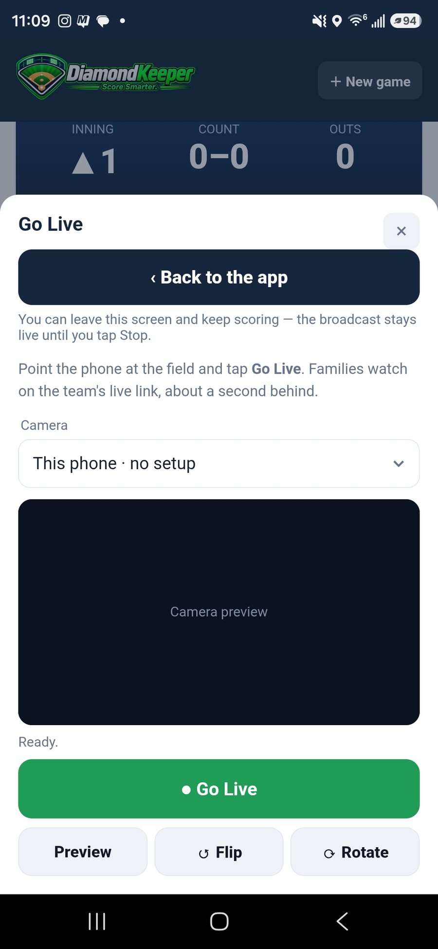 DiamondKeeper Go Live — broadcast from the phone; families watch on the team link