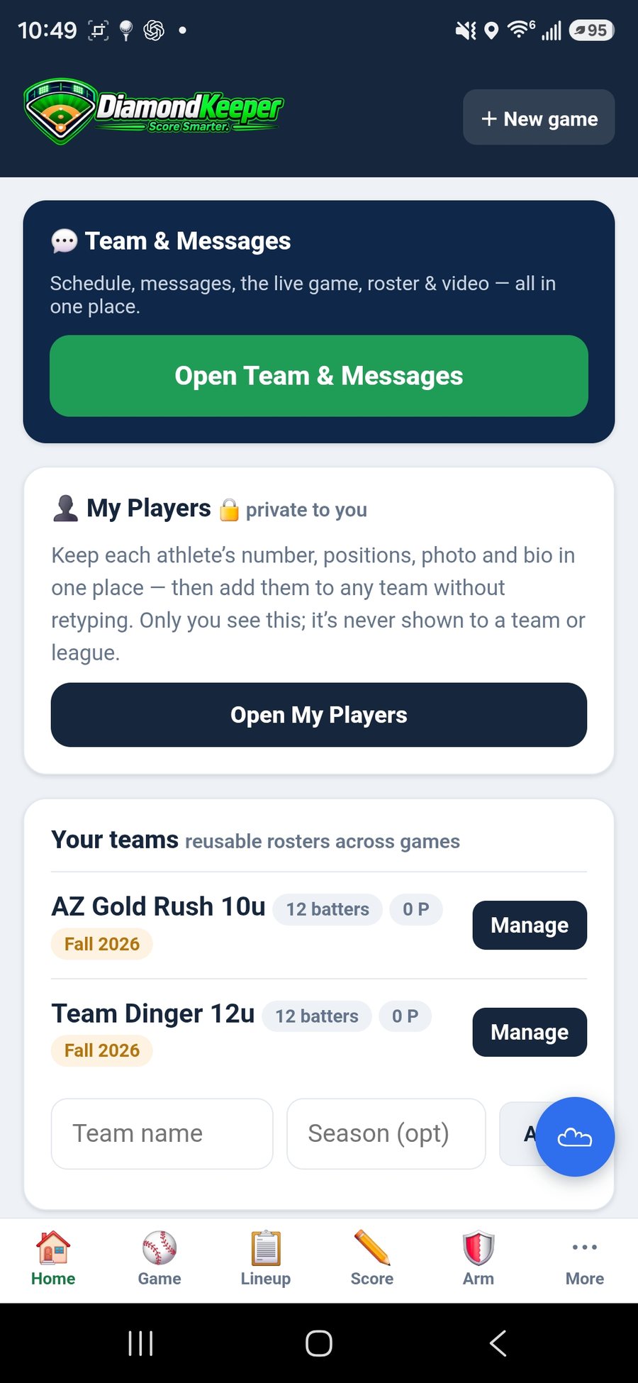 DiamondKeeper Team & Messages home — schedule, roster, video and the live game in one place