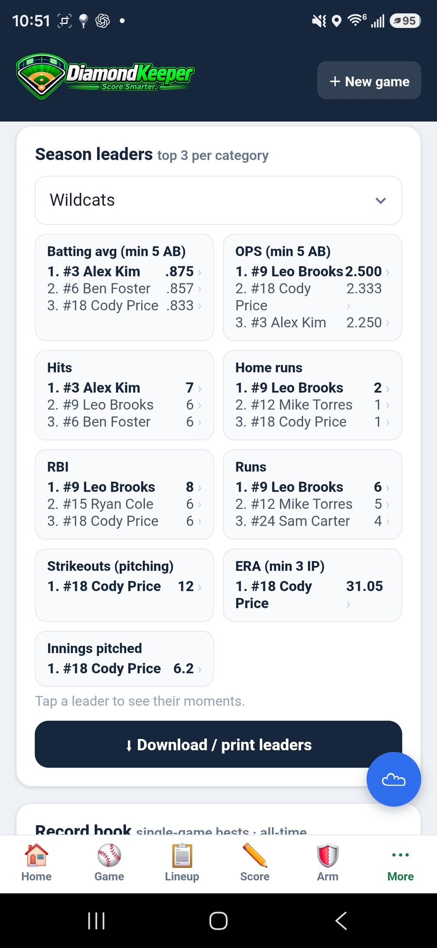 DiamondKeeper season leaders — top three per category