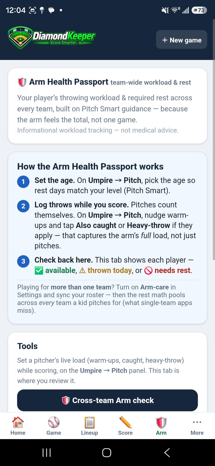 DiamondKeeper Arm Health Passport — team-wide workload and required rest pooled across every team a player pitches for