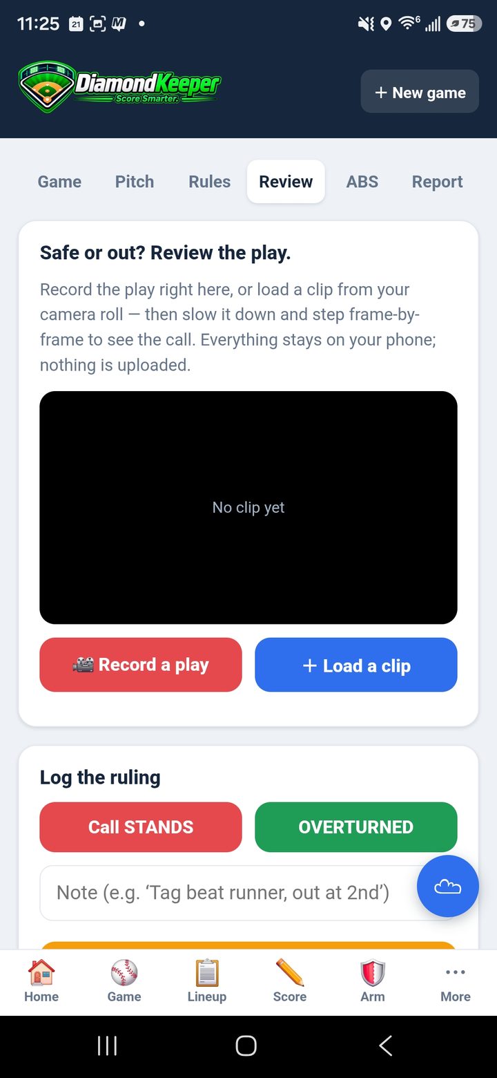 DiamondKeeper play review — record or load a clip, step frame-by-frame, then log Call Stands or Overturned