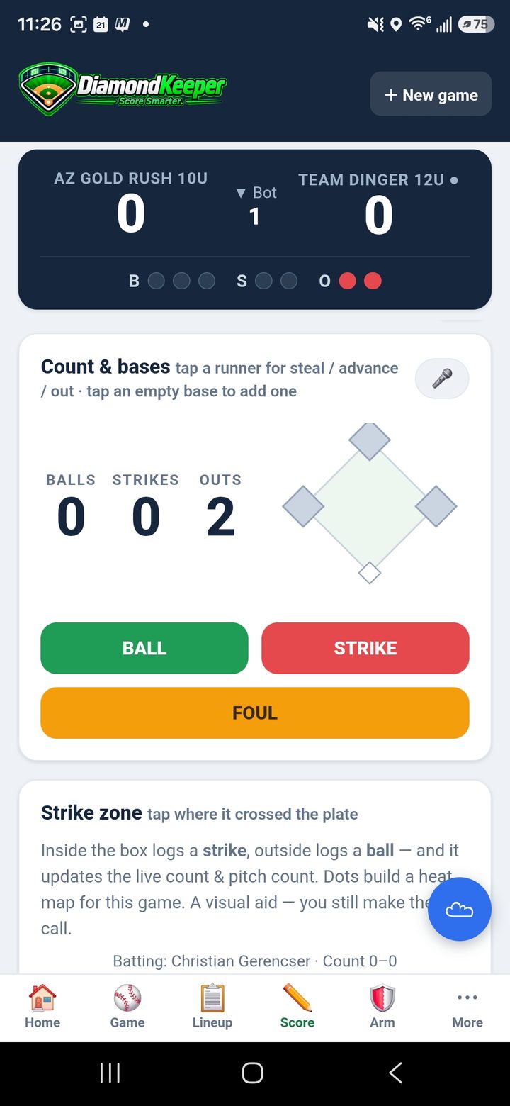 DiamondKeeper scoring — count and bases with one-tap Ball, Strike and Foul and a tap strike zone