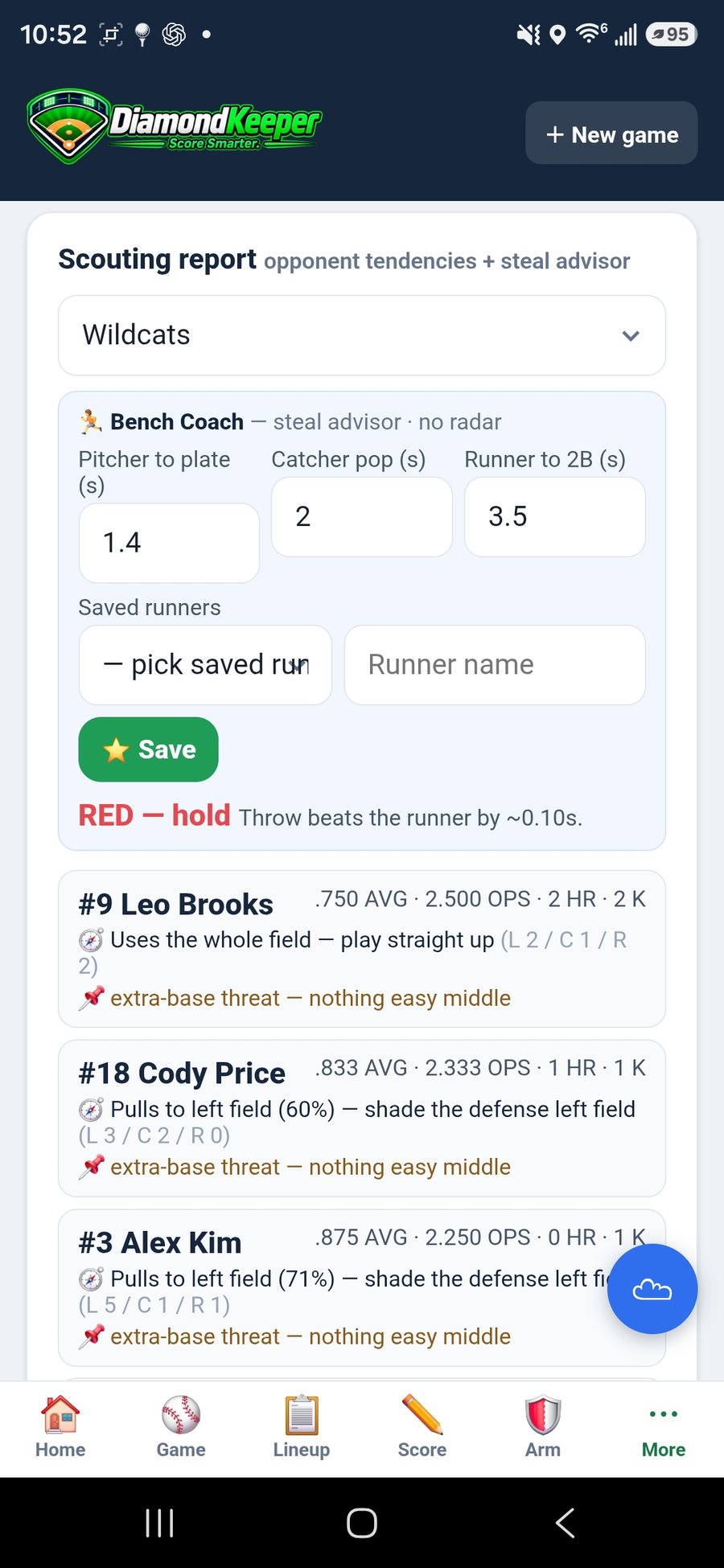 DiamondKeeper scouting report — opponent tendencies and a steal advisor